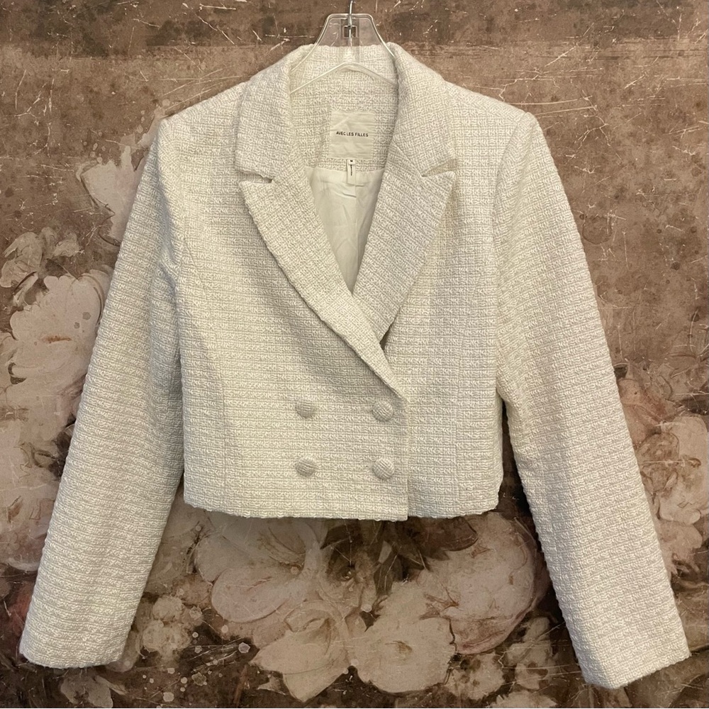 Avec Les Filles Ivory Cropped Tweed Blazer Jacket Size M